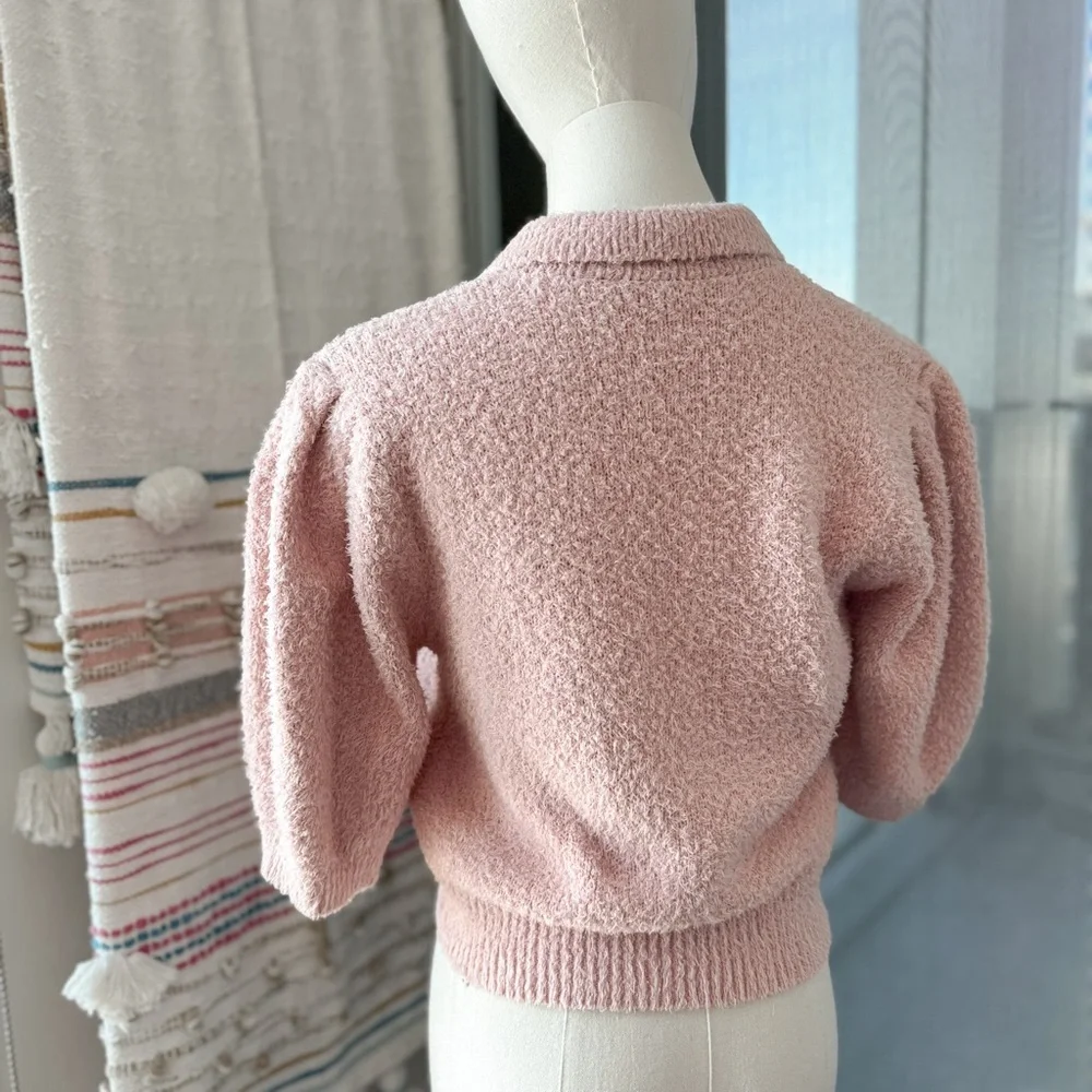 Reformation Light Pink Fuzzy Short Sleeves Collared Pullover Polo Women’s Small - Picture 4 of 8